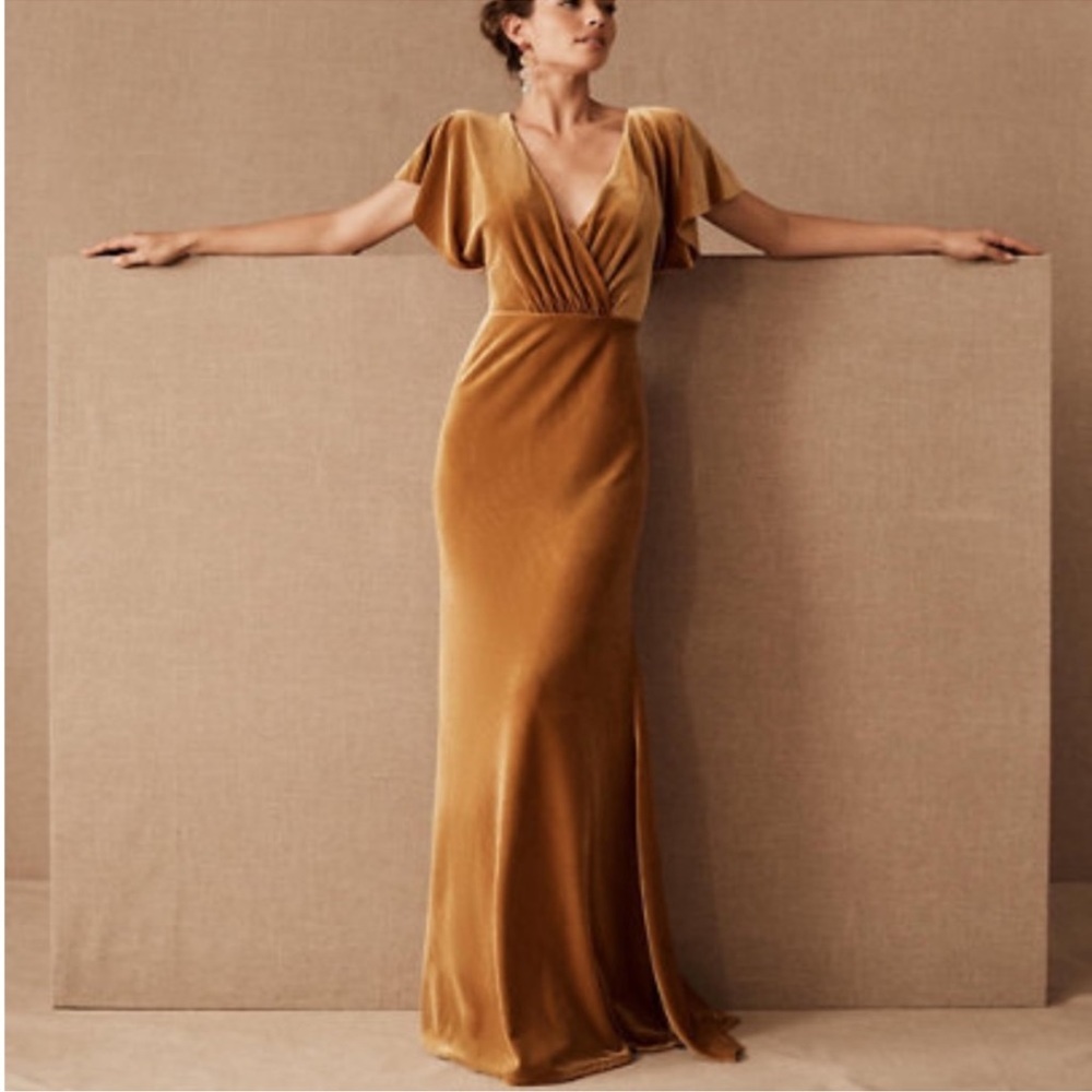 BHLDN Jenny Yoo Ellis Velvet Open Back Gown Marigold
